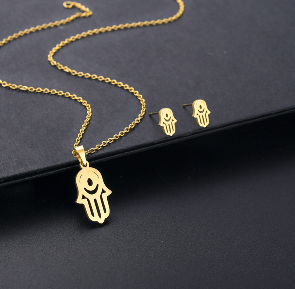 Gold Eye Fatima Pendant Necklace Earrings Set